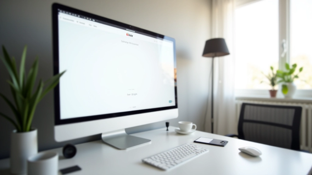 Estação de trabalho moderna com monitor exibindo website com design limpo e bem estruturado